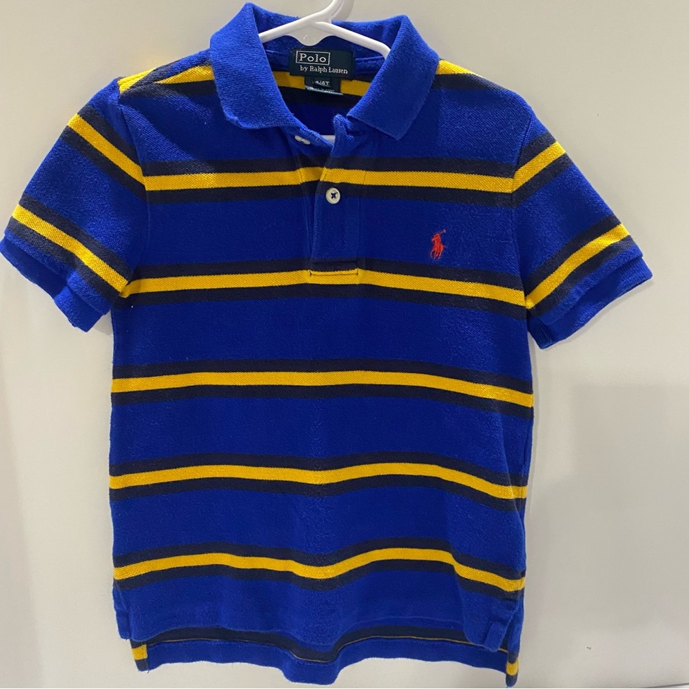 Polo Ralph Lauren Boys 4/4T Short Sleeve Polo Shirt Royal Blue Gold Stripes Pony - Picture 2 of 6